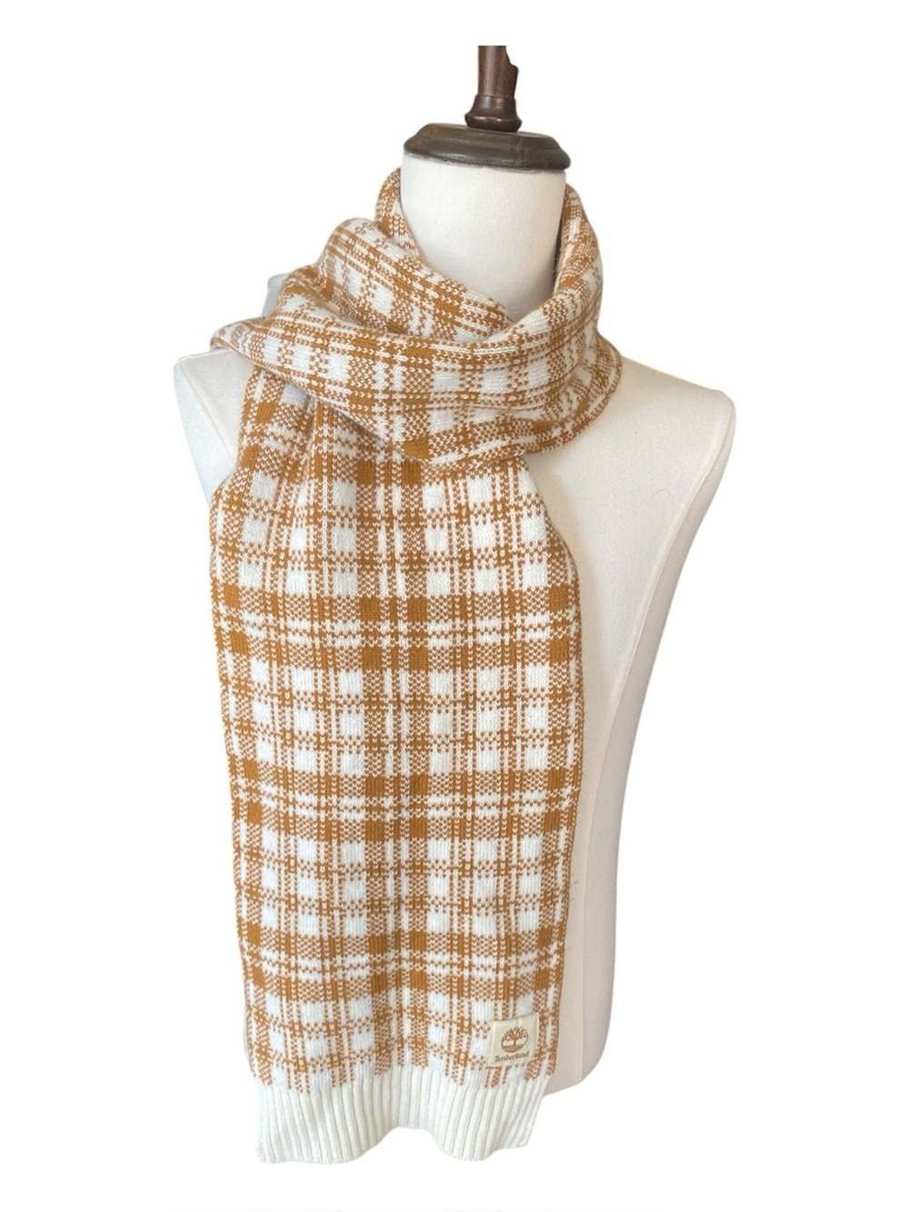 Timberland Brown Cream Plaid Knit Scarf Acrylic Winter Unisex Logo Patch
